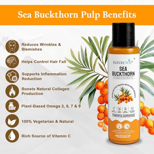 Image of Baton Himalayan Sea Buckthorn Pulp Pure Berry Concentrate, Rich in Omega 3-6-7-9 & Vitamin C, Immunity Booster, No Sugar Added, Supports Skin & Heart Health (100ml Pack 1)