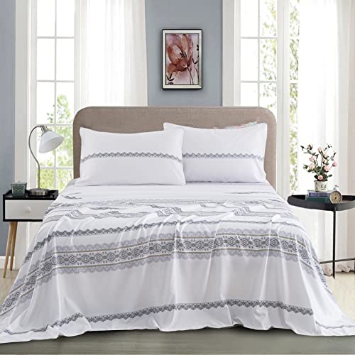 Dinjoy Boho Bed Sheet Queen 4 Pieces White Bohemian Mandala Deep Pocket Fitted Sheet Jacquard Floral Soft Microfiber White Bedding Sheet Set For All Seasons #TOP19