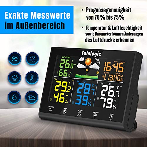Sainlogic wireless weather station with 3 outdoor sensors, weather forecast, color display, radio thermometer hy-grometer with outdoor sensor, Black - Thumbnail 2