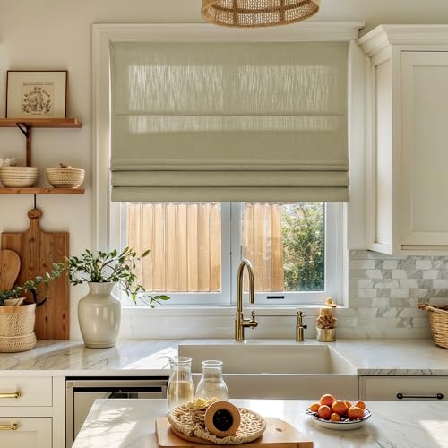 Image of TWOPAGES Isabella No Drill Cordless Roman Shade Linen Textured Cotton Roman Blind for Windows, Custom Made Room Darkening Blackout Roman Window Shade, Hardware Included, Khaki, 1 Piece