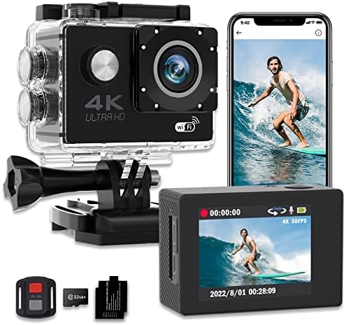 Ultra HD Action Camera 4K 30fps, 30m/98ft Waterproof Camera, 170° Wide Angle Underwater Cameras with WiFi, Sports Cameras with 2 Batteries, 32G SD Card, Mounting Accessories Kit