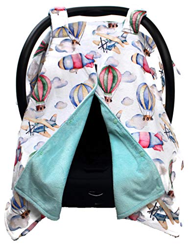 Image of Dear Baby Gear - Baby Car Seat Canopy - Infant Car Seats Covers - Carseat Canopies for Boys & Girls - Toddler Carseat Cover w /Snap Opening (Airplanes, Zeppelins, Hot Air Balloons, Opal Blue 40 inchx30 inch)