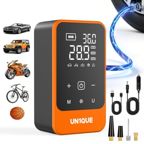 Image of UN1QUE PT610 Cordless Tyre Inflator for Car, Dual Power-6000mAh & 12V DC, 150 PSI, Auto Shut-Off, Rechargeable Air Pump for Car Tyres, Bikes, Balls with LED Light & Digital Pressure Gauge