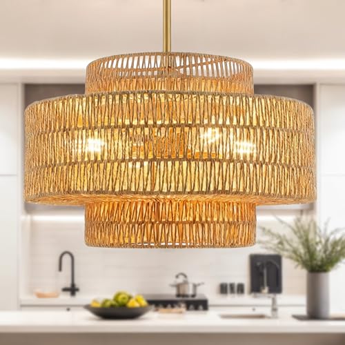 Phaosio 20” Large Boho Rattan Chandelier, 4-Light Hand Woven Pendant Light Fixture, Upgraded Farmhouse Hanging Ceiling Light for Dining Room, Kitchen Island, Living Room, Bedroom, Entryway, Foyer