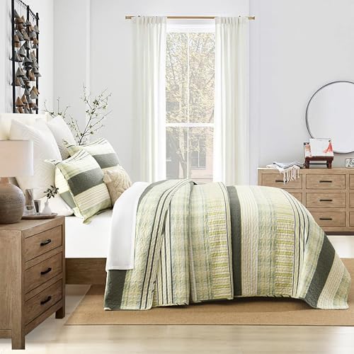 Image of Homzard 100% Cotton Quilt King Size, Green Yellow Striped Plaid Quilt Bedding Set,Olive Green Lightweight Soft Farmhouse Bedspread Coverlet,Summer Spring Lightweight King Size Comforter Set 3 Pieces