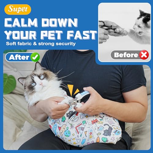 Image of Supet Cat Grooming Wrap for Cutting Nails, 2026 Self-Adherent Cat Wrap, Anti-Escape Calming Cat Swaddle Wrap for Medicine, Nail Clipping, Teeth Brushing, Ear Cleaning (Cartoon, L)