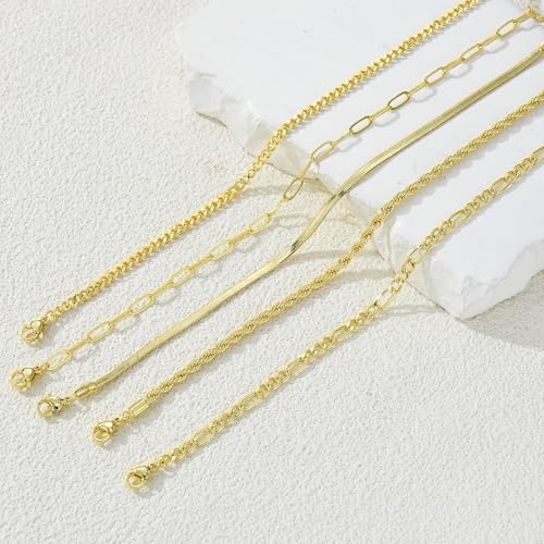 Image of iF YOU Gold Ankle Bracelets for Women, 14k Gold Plated Waterproof Cuban Link Chain Anklets Set, Layered Anklet Bracelets for Women Beach Gift Adjustable Size 5pcs