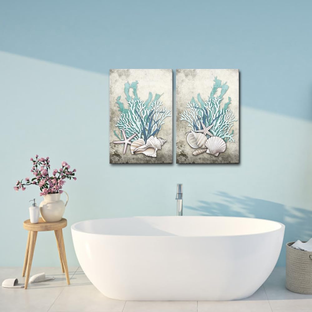 iHAPPYWALL 2 Pieces Set Ocean Theme Canvas Wall Art Coastal Shell Starfish Coral Conch Picture for Bathroom Kitchen Office Living Room Decor Ready to Hang 16x24inchx2pcs