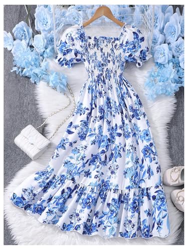 Verdusa Tween Girl's Boho Floral Puff Short Sleeve Dress Bow Knot A Line Ruffle Midi Dresses2