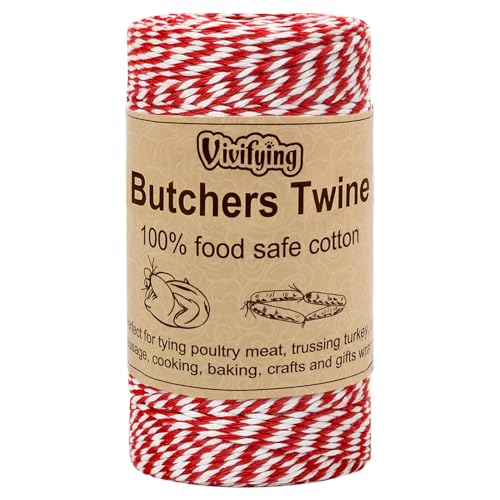 Vivifying Red and White Butchers Twine 100m 2mm Food Safe Cotton Cooking Twine Ideal for Trussing Turkey Roasting Baking Bacon Pumpkin Bread Festive Holiday Kitchen Use & Gift Wrapping