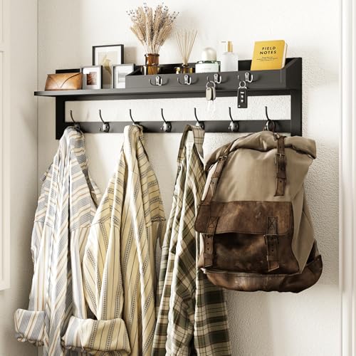 Image of AMBIRD 35 inch Wall Hooks with Shelf, Coat Rack Wall Mount, Large Coat Hanger for Wall, Entryway Shelf with 7 Dual Coat Hooks, 4 Key Hooks and Mail Organizer, Wooden Key Holder Rack (Black)