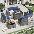 Aoxun 7 Pieces Patio Furniture Set with 44” Fire Pit Table Wicker Rattan Outdoor Sectional Conversation Set with Coffee Table and 4” Thickened Cushions, Gray/Blue(Waterproof Cover Included)