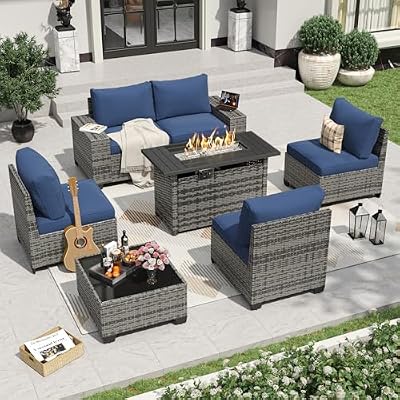 Aoxun 7 Pieces Patio Furniture Set with 44” Fire Pit Table Wicker Rattan Outdoor Sectional Conversation Set with Coffee Table and 4” Thickened Cushions, Gray/Blue(Waterproof Cover Included)