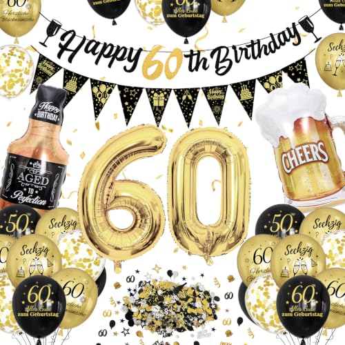 60 Geburtstag Frau Mann Deko 60 Geburtstag Happy Birthday Geburtstagdeko mit Banner Konfetti Ballons Nummer 60 Folienballons Schwarz Gold Luftballons