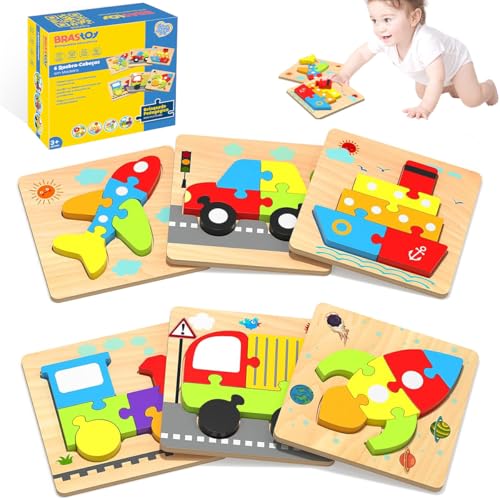Blocos Montar de Madeira Quebra-Cabeças Montessori Educativos Brinquedos Infantis 6 Formas