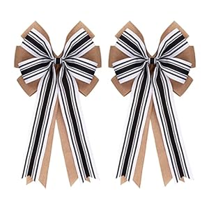 2 Pcs 20 x 10 Inch Large Double Burlap Bows Black and White Farmhouse Striped Wreaths Bow for Gift Wrapping Tree Topper Front Door Home Decorations