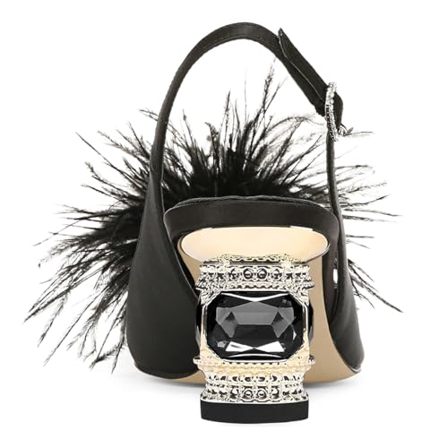 FSJ Women Fashion Fur Fur Closed Square Toe Slingback Pumps Crystal Block Low Heel Fuzzy Party Prom Dress Shoes Size 4-16 US3