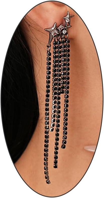 Long Rhinestone Tassel Dangle Earrings for Women,Sparkly Black Crystal Hollow Star Drop Earrings,Trendy Punk Jewelry Party Dress Accessories