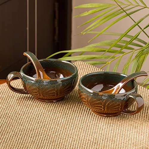 Image of ExclusiveLane Handled Soup Bowl with Spoon Ceramic (Set of 2, 300 ml, Microwave Safe, Hand-Glazed, Amber with Teal Tints) |Ceramic Soup Bowl with Handle Soup Bowls with Spoons Soup Bowl Set