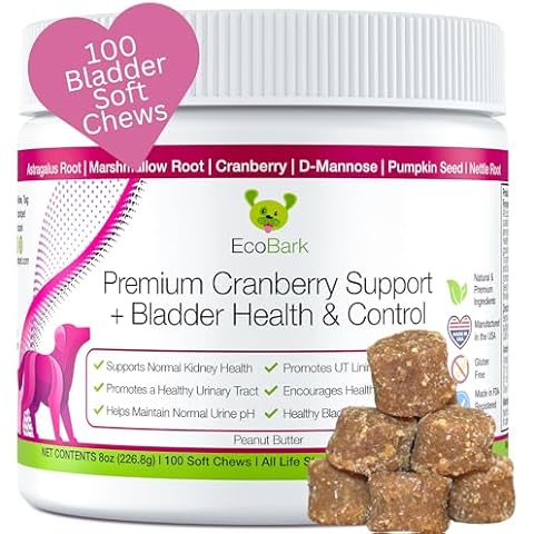EcoBark Natural Urinary Tract Cranberry Supplements for Dogs - Bladder Health & Kidney Support for Dogs - UTI Relief - Dog Bladder Control Chews - Dog Cranberry Soft Chews for Dog Incontinence Support Cover