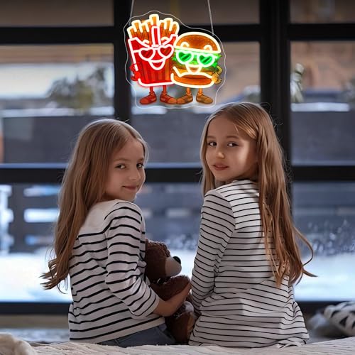 Image of Burgers Neon sign - JGHTURIE Hamburger and French Fries Neon Signs for Wall Decor LED Light up UV Printed Preparatory Home Restaurant Club Decoration USB Powered
