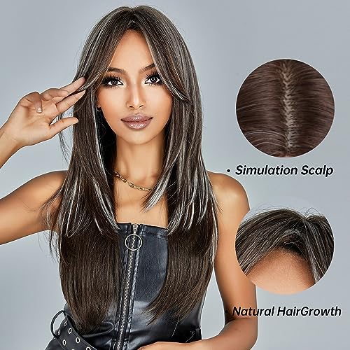 Perruques de cheveux synthétiques longs lisses marron et blond highlight - 3