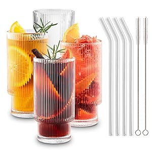 Gracenal Ribbed Glass Cups with Straws 12oz, Drinking Glasses Set of 4, Cocktail Glasses, Vintage Glassware, Whiskey Glasses, Coffee Bar Accessories, Iced Coffee Cups for Cute Gifts