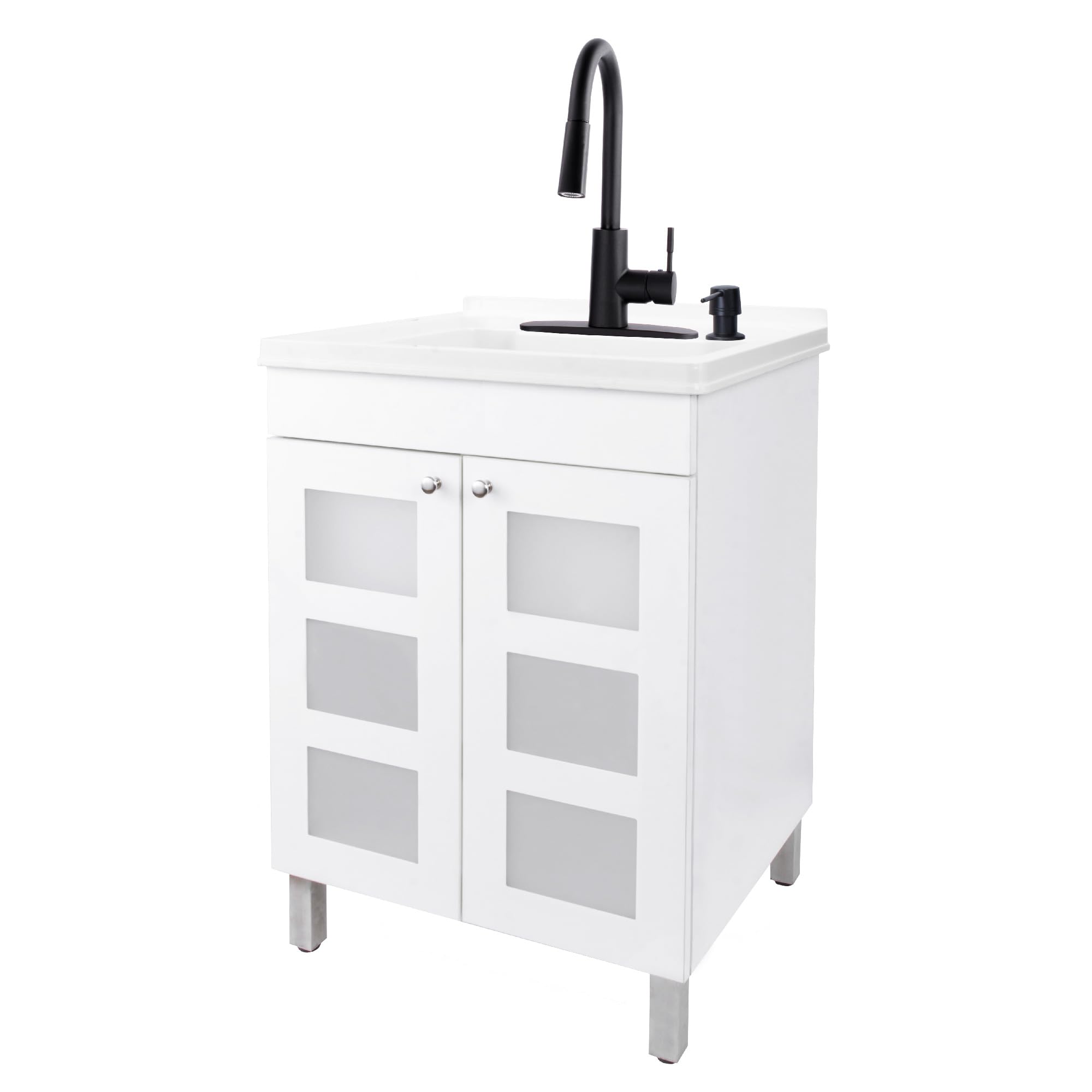 Utility Sink with White Vanity Cabinet by JS Jackson Supplies, Black High-Arc Pull-Down Sprayer Faucet, Soap Dispenser and Spacious Vanity for Laundry Room