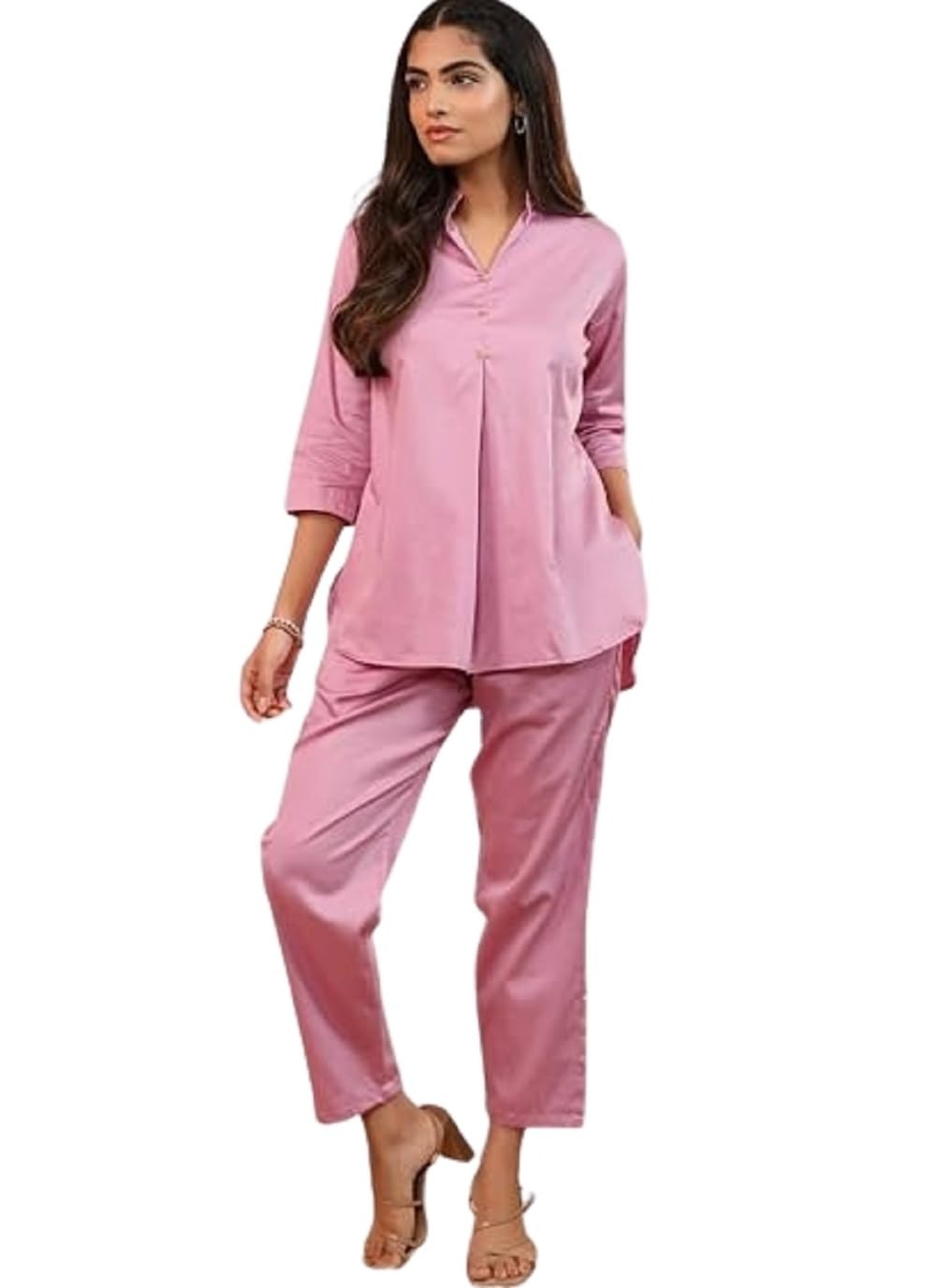 Rangrika.in Solid 3 Button Co Ord Set for Women Straight Fit Top and Pant Set Minimal Stylish Outfit for Office Wear Casual Daily Wear Comfortable Fashion (Pink-L)-picture-14
