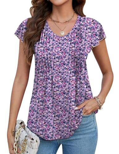 LOMON Womens Tops Dressy Casual Summer Flutter Sleeve T-Shirts Trendy Ruffle Short Sleeve Loose V-Neck Tunic Tops2
