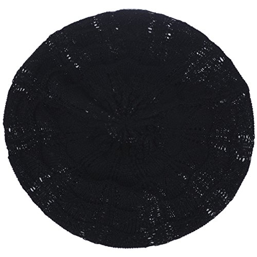 Byos Chic Parisian Style Soft Lightweight Crochet Cutout Knit Beret Beanie Hat (2-Pack Wavy Stripes Charcoal Gray & Black) #TOP5
