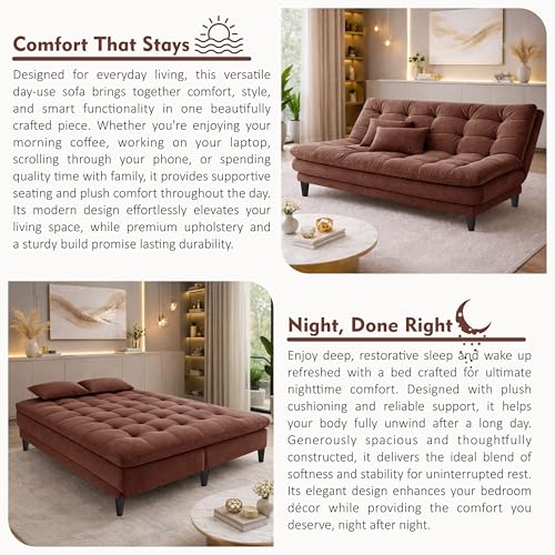 Image of Modern 3 Seater Sofa Cum Bed | Tufted Backrest | Velevt Fabric Upholstery | Living Room Furniture-Brown