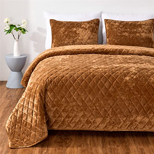 Fredsure Distressed Velvet Quilt Set, 3 Pieces Caramel Gold Queen, Distressed Velvet Face And Brushed Microfiber Reverse With Diamond Quilting #TOP1