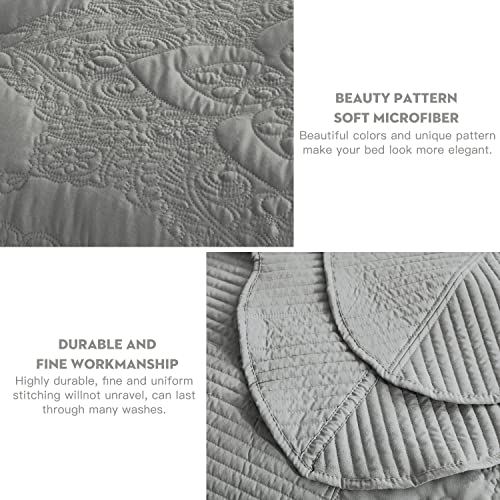 Image of HZ & HY Oversized King Bedspreads, Stitched Damask, Ultimate Gray | Generous Coverage, 5-Piece Quilt Set, Lightweight Reversible Coverlet, Scalloped Edge, King /Cal King