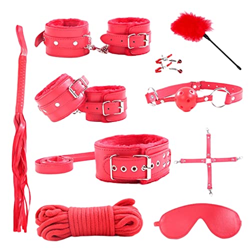 Give Them Lala 10 pieces/set sex tool bondage leather fetish kit restraint slave sex toy couple bondage suit handcuffs adult game,Red whip set