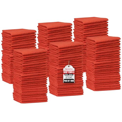 SupremePlus Premium Shop Towels, 1000 Pack, 13”x14”, Reusable Red Rags Bulk, Durable & Multipurpose Commercial-Grade Cleaning Towels Cotton for Oil, Grease, Paint, Auto, Garage, and Industrial Use