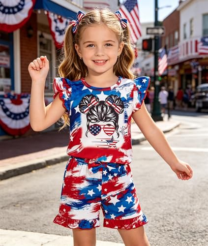 Image of Barlver Girls 2 Piece Short Set Baby Girl Summer Clothes Ruffle Sleeve T-Shirt and Bow Knot Shorts Toddler Girl Outfit Set