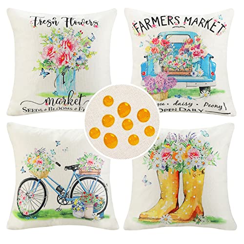 Cheekywares Kissenbezug 45x45cm Frühling Blumen Kissenbezüge Outdoor wasserdichte Kissenhülle Bauernhaus Bunte Dekokissen Sofakissen Bezug für Auto Home Bed Büro Cafe Garten Wohnzimmer 4er Set