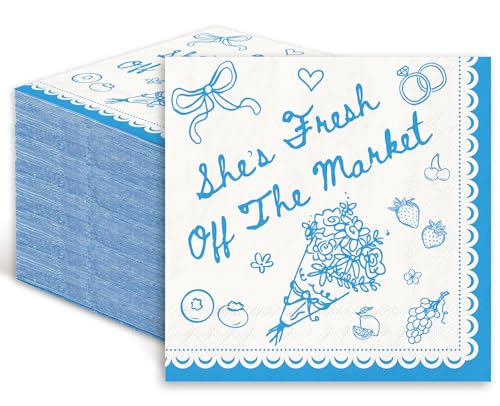 FYSUIMU 50 Pcs She's Fresh Off The Market Cocktail Napkin Blue Floral Disposable Paper Napkin 3 Ply Flower Drink Beverage Napkins for Bachelorette Bridal Shower Party Supplies
