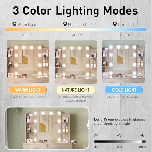 Image of Vabches Vanity Desk with Mirror and Lights,Makeup Vanity Table with Charging Station,2 Drawer Bedroom Dressing Table with 3 Colors Modes Dimming & Cushioned Stool,Natural Oak
