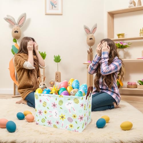 Image of Large Empty Easter Basket for Kid Fabric Personalized Bunny Eggs Easter Gift Basket for Boy and Girl (Rabbit Blue Background)