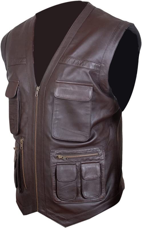 Mens Leather Motorcycle Vest - Brown Sleeveless V-Neck Biker Leather Waistcoats for Men3