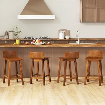 ERGOMASTER Wooden Bar Stools Set of 4, 24.5-inch Counter Height Barstools with Low Back for Kitchen Island, Dining Room, Brown