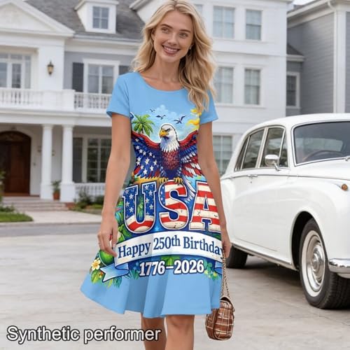 Image of HUGS IDEA Womens Puffy Swing Midi Dress Round Neck Short Sleeve Party A-Line Dresses