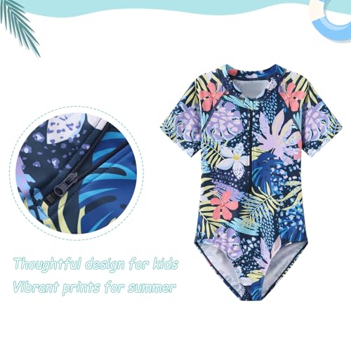 Image of Girls One Piece Rash Guard Swimsuits for Girl Short Sleeve Bathing Suits with Front Zipper Sun Protection Swimwear 3-16 Years
