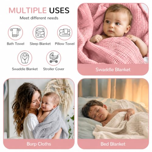 Image of Momsnug 3-Pack Muslin Hooded Baby Towels, Rose+Grey+Apricot, 35 inch X 35 inch | 100% Cotton, Ultra-Soft & Highly Absorbent ,Quick-Dry for Delicate Skin, For Babies, Toddler and Newborn