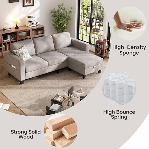 Sectional Sofa and Couches for Living Room, 78'' Brown 3 Seat L-Shaped Couch with Movable Ottoman, Comfy Linen Convertible Sectionals Sofas with Chaise for Apartment, Office, Small Space - Image 4