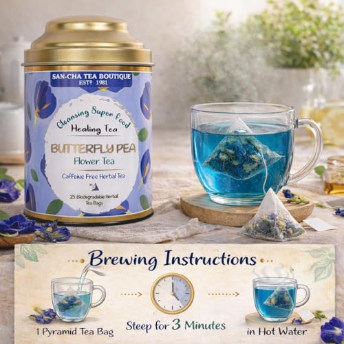 Image of Sancha Tea Boutique Butterfly Pea Flower Tea | 25 Biodegradable Pyramid Tea Bags | Blue Tea | Caffeine-Free Herbal Tisane | Naturally Color-Changing Blue to Purple Brew | Since 1981
