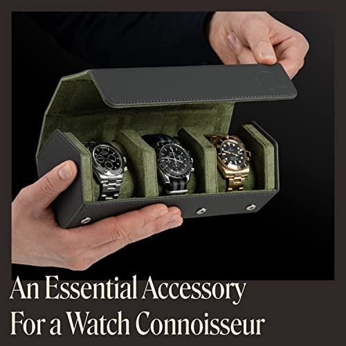 Qwatchbands Napa Leather Watch Rolls For Men - Hexagon Triple Watch Roll Travel Case For 3 Watches - Storage Organizer Genuine Leather With Velvet Interior Display (Gray/Green) #TOP2