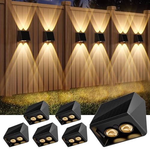 Quntis Up Down Solar Wall Light Outdoor, 6 Pack Solar Fence Lights Warm White & 13 RGB Modes IP65 Waterproof Front Door Outside Lights for Garden Porch Deck Stair Post Yard Backyard Pathway